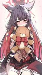 1girl animal_ear_fluff animal_ears black_hair black_kimono black_nails blue_archive blush closed_mouth colored_inner_hair commentary_request fingernails fox_ears fox_tail halo heart heart-shaped_pupils highres holding holding_stuffed_toy japanese_clothes kimono long_hair looking_at_viewer multicolored_hair nail_polish pleated_skirt red_hair sharp_fingernails short_kimono side_slit sitting skirt smile solo stuffed_animal stuffed_toy symbol-shaped_pupils tail teddy_bear twitter_username very_long_hair wakamo_(blue_archive) white_skirt yellow_eyes yellowpaint. rating:General score:13 user:danbooru