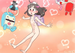  1girl 2others ahoge backpack bag black_hair blush camera_flash cellphone censored crown dot_nose embarrassed fit-chan flat_chest hair_ornament heart heart_hair_ornament highres identity_censor layered_skirt loli multiple_others navel nipples nude open_mouth outstretched_arms phone pink_skirt pussy randoseru skirt smartphone spread_arms taking_picture tareme twitter_username uranana_(tomoda7723)  rating:Explicit score:32 user:ponekad