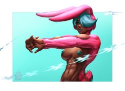  1girl arschiensfw artist_logo artist_name blue_background blue_hair cloud_meadow colored_nipples dark-skinned_female dark_skin fio_(cloud_meadow) furry looking_at_viewer mole mole_under_mouth painting_(medium) pink_hair rabbit_ears rabbit_girl rabbit_tail smile stretching tagme traditional_media watermark  rating:Questionable score:10 user:AnonFactory
