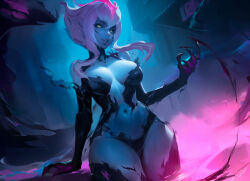  1girl black_thighhighs blue_skin breasts colored_skin dutch_angle elbow_gloves evelynn_(league_of_legends) facial_mark gloves highres kardie large_breasts league_of_legends lips looking_at_viewer navel open_mouth pink_hair revealing_clothes short_hair_with_long_locks solo thighhighs yellow_eyes  rating:Sensitive score:20 user:danbooru