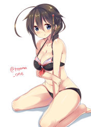  10s 1girl adapted_costume ahoge akito_9999 bad_id bad_nicoseiga_id bikini black_hair blue_eyes blush braid breasts cleavage hair_flaps hair_ornament hair_over_shoulder hairpin kantai_collection large_breasts looking_at_viewer open_mouth shigure_(kancolle) shigure_kai_ni_(kancolle) single_braid sitting solo swimsuit twitter_username wariza 