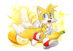 1boy banana blue_eyes finik food fruit furry furry_male gloves looking_at_viewer open_mouth shoes solo sonic_(series) tails_(sonic) white_gloves  rating:General score:1 user:danbooru