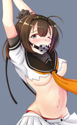  10s 1girl akizuki_(kancolle) bad_id bad_pixiv_id ball_gag bdsm blush breasts brown_eyes brown_hair doyachii gag gagged gloves groin hairband highres kantai_collection navel one_eye_closed panties ponytail school_uniform skirt solo tears torn_clothes underboob underwear wiffle_gag  rating:Questionable score:17 user:PABCOM