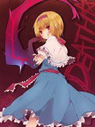  1girl :q alice_margatroid artist_self-insert blonde_hair blue_dress blush bois_de_justice capelet closed_mouth commentary_request cookie_(touhou) dies_irae dress feet_out_of_frame frilled_capelet frilled_dress frilled_hairband frilled_neckwear frilled_sash frilled_sleeves frills hairband highres hinase_(cookie) hinase_haruka looking_at_viewer looking_back necktie puffy_short_sleeves puffy_sleeves red_background red_eyes red_hairband red_necktie red_sash sash shinza_bansho_series shirt short_hair short_sleeves sleeveless sleeveless_dress smile solo third-party_source tongue tongue_out touhou white_capelet white_shirt 