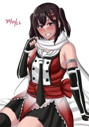  1girl 2022 :d absurdres adjusting_scarf arm_at_side armpit_crease bare_shoulders black_gloves black_neckerchief black_skirt blush brown_hair commentary_request cowboy_shot dated dated_commentary drie elbow_gloves fingerless_gloves gloves grin hair_between_eyes hand_up highres kantai_collection looking_at_viewer miniskirt neckerchief open_mouth pleated_skirt red_shirt sailor_collar scarf school_uniform sendai_(kancolle) sendai_kai_ni_(kancolle) serafuku shirt simple_background sitting skirt sleeveless sleeveless_shirt smile solo tsurime two_side_up white_background white_sailor_collar white_scarf 