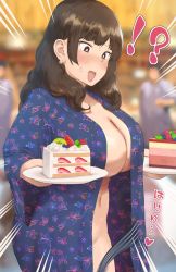  !? 1girl accidental_exposure blurry blurry_background blush bottomless breasts brown_eyes brown_hair cake cleavage earrings food fruit highres japanese_clothes japanese_text jewelry kimono large_breasts lewdness medium_hair motion_lines navel no_bra no_panties nude obi open_clothes open_mouth original ryokucha_michi sash softcore strawberry strawberry_cake wardrobe_malfunction wavy_hair yukata 