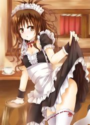 10s 1girl :o alternate_costume apron arm_support bar_(place) bar_stool blush book bookshelf breasts brown_hair center_frills checkered_clothes checkered_skirt cleavage clothes_lift cowboy_shot cup dress dress_lift enmaided food frilled_sleeves frills green_ribbon grey_background hair_bobbles hair_ornament highres indoors leg_up lifting_own_clothes long_hair looking_at_viewer maid maid_apron maid_headdress medium_breasts mouth_hold open_mouth panties popsicle puffy_short_sleeves puffy_sleeves red_ribbon ribbon ribbon-trimmed_legwear ribbon_trim saucer short_sleeves side_ponytail simple_background skirt skirt_lift solo standing standing_on_one_leg stool sweat tareme teacup thighs to_love-ru to_love-ru_darkness underwear yellow_eyes yuuki_mikan rating:Questionable score:34 user:danbooru