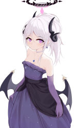  1girl absurdres bare_shoulders blue_archive collarbone commentary_request dangle_earrings demon_girl demon_horns demon_wings dress earrings elbow_gloves evening_gown forehead gloves halo highres hina_(blue_archive) hina_(dress)_(blue_archive) horns jewelry long_hair looking_at_viewer necklace official_alternate_costume official_alternate_hairstyle parted_bangs pearl_necklace pendant ponytail purple_dress purple_eyes purple_gloves shi&#039;er_jiang sidelocks simple_background solo wavy_hair white_background white_hair wings 