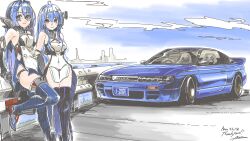  2girls absurdres ahoge azur_lane black_footwear black_panties blue_car blue_footwear blue_hair blue_sky boots breasts car cleavage closed_mouth cloud commission covered_navel hair_intakes helena_(azur_lane) helena_(meta)_(azur_lane) highres initial_d leaning_back light_blush long_hair looking_at_viewer medium_breasts mizukiri_fuurai motor_vehicle multiple_girls nissan nissan_silvia nissan_silvia_s13 panties railing red_eyes second-party_source skeb_commission sky smile underwear 