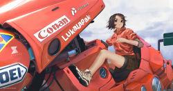 1girl akira_(manga) bare_legs black_shorts brown_eyes brown_hair closed_mouth cloud cloudy_sky commentary english_commentary faiz_azhar full_body highres jacket kaneda_shoutarou&#039;s_bike layered_sleeves light_smile long_sleeves looking_at_viewer motor_vehicle motorcycle original red_jacket shoes short_hair short_over_long_sleeves short_sleeves shorts sky sneakers solo sport_bike white_footwear