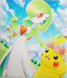  1girl :3 arms_up black_eyes blue_sky blush_stickers bob_cut closed_mouth cloud colored_skin creatures_(company) day dutch_angle falling_petals female_focus flat_chest flower flower_wreath game_freak gardevoir gen_1_pokemon gen_3_pokemon get grass green_hair green_skin hair_over_one_eye hands_up happy holding holding_wreath looking_at_another mountainous_horizon multicolored_skin nintendo one_eye_covered open_mouth orange_flower outdoors petals pikachu pink_flower pink_rose pokemon pokemon_(creature) red_eyes red_flower rose short_hair sky smile standing traditional_media tree two-tone_skin white_flower white_skin yuka_(yukaaaaaaa0705) 