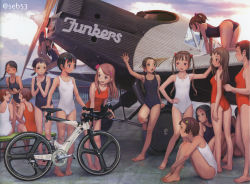  absurdres aircraft airplane bicycle blue_one-piece_swimsuit hair_ornament highres multiple_girls murata_range one-piece_swimsuit red_one-piece_swimsuit school_swimsuit swimsuit white_one-piece_swimsuit  rating:Sensitive score:26 user:seb53