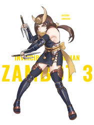 1girl armor brown_hair chinese_commentary commentary_request crescent cross-laced_clothes cross-laced_slit elbow_gloves fingerless_gloves full_body gloves highres holding holding_weapon humanization japanese_armor jinri_shijie kote muteki_choujin_zambot_3 ninja obi ponytail sai_(weapon) sash side_slit solo suneate tabi thighhighs weapon yellow_eyes zambot_3 
