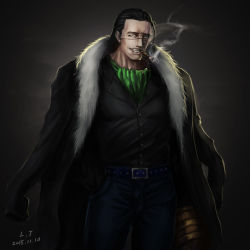  1boy black_hair cigarette highres hook jacket lt male_focus one_piece short_hair crocodile_(one_piece) smoke solo stitches  rating:Sensitive score:4 user:hiso