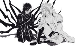  2boys abs black_bodysuit black_footwear black_hair blue_eyes bodysuit boots brothers coat collarbone covered_mouth crossed_arms dirge_of_cerberus_final_fantasy_vii final_fantasy final_fantasy_vii final_fantasy_vii_remake full_body grin hair_over_one_eye hand_on_own_knee headband highres igusaharu kneeling limited_palette looking_at_viewer male_focus multiple_boys navel nero_the_sable open_clothes open_coat red_eyes restrained siblings sitting smile spot_color straitjacket teeth toned toned_male twitter_username weiss_the_immaculate white_background white_hair white_headband 