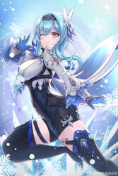 1girl absurdres arm_up black_hairband blue_background blue_cape blue_gloves blue_hair blue_necktie boots breasts cape chest_harness closed_mouth clothing_cutout dated eula_(genshin_impact) film_grain genshin_impact gloves gradient_background gxdy hair_between_eyes hair_ornament hairband harness high-waist_shorts highres ice_shard knee_up large_breasts long_sleeves medium_hair multicolored_eyes necktie one_eye_closed orange_eyes outstretched_arm purple_eyes shorts shoulder_cutout sidelocks signature smile snowflakes solo thigh_boots two-tone_gloves vision_(genshin_impact) weibo_watermark white_sleeves wide_sleeves