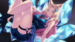  1girl ahri_(league_of_legends) animal_ears bare_legs bare_shoulders blonde_hair blue_choker blue_dress blue_eyes blue_shorts blush breasts cait_aron choker crossed_legs crystal_tail curly_hair dress expressionless fox_ears fox_girl fox_tail hair_ornament hairclip highres k/da_(league_of_legends) k/da_ahri kitsune knees_up league_of_legends light_frown long_hair looking_at_viewer lying medium_breasts multiple_tails o-ring o-ring_thigh_strap on_back short_shorts shorts shorts_under_dress sleeveless sleeveless_dress slit_pupils solo tail thigh_strap upskirt very_long_hair 
