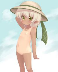  1girl ak1222dece blush flat_chest green_eyes hat loli nipples pointy_ears pussy smile solo source_request tan tanline white_hair  rating:Explicit score:25 user:8bit