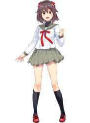  1girl clenched_hand escalation_heroines gin_(ginshari) green_skirt hair_ribbon highres kneehighs long_sleeves looking_at_viewer miniskirt official_art open_mouth photoshop_(medium) pleated_skirt red_footwear ribbon school_uniform shoes short_hair simple_background skirt sneakers socks solo sonozaki_akari standing tachi-e white_background yellow_eyes 