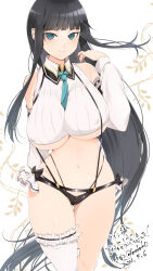  1girl arm_behind_back arm_over_shoulder black_hair blue_eyes blue_necktie bow breasts closed_mouth collared_shirt commentary commission covered_erect_nipples crop_top detached_sleeves floral_background frills highres hime_cut ikaruga_(senran_kagura) kinako_(mzknk0) large_breasts light_blush long_hair looking_at_viewer navel necktie senran_kagura shirt short_shorts shorts simple_background single_thighhigh skeb_commission skindentation smile solo suspenders thighhighs thong underboob white_background 