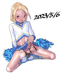  1boy bar_censor black_panties blue_skirt blush breath censored cheerleader clothes_lift crossdressing dated erection highleg highleg_panties looking_at_viewer male_focus male_pubic_hair open_mouth original panties penis penis_out pom_pom_(cheerleading) pubic_hair shota simple_background skirt skirt_lift socks solo sparse_pubic_hair squatting steaming_body sweat tan trap underwear unmaker white_background 