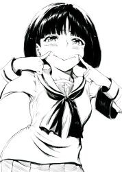 1girl birthday black_hair blunt_bangs blunt_ends blush bob_cut breasts closed_mouth collared_shirt commentary dress_shirt embarrassed false_smile finger_to_mouth fingersmile forced_smile girls_und_panzer greyscale highres index_finger_raised long_sleeves looking_at_viewer monochrome neckerchief ooarai_school_uniform pleated_skirt sailor_collar sawamin school_uniform serafuku shirt short_hair simple_background skirt small_breasts smile solo sono_midoriko standing upper_body white_background 