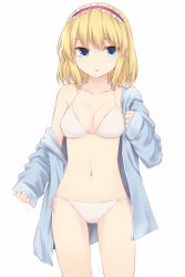  1girl alice_margatroid bare_shoulders bikini blonde_hair blue_eyes blue_jacket breasts cleavage collarbone commentary_request cowboy_shot gluteal_fold hairband hood hooded_jacket jacket lolita_hairband long_sleeves looking_at_viewer medium_breasts miyo_(ranthath) navel off_shoulder parted_lips red_hairband short_hair side-tie_bikini_bottom solo standing stomach swimsuit thighs touhou white_bikini  rating:Sensitive score:19 user:danbooru