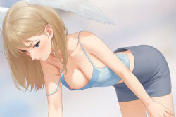  1girl bent_over blue_camisole blue_eyes breast_tattoo breasts camisole commentary english_commentary eunie_(xenoblade) head_wings highres light_brown_hair medium_breasts medium_hair miniskirt miura-n315 mixed-language_commentary nipples no_bra one_breast_out skirt solo strap_slip tattoo white_wings wings xenoblade_chronicles_(series) xenoblade_chronicles_3  rating:Questionable score:29 user:danbooru