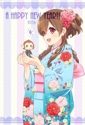  1girl 2016 :d animal blue_kimono brown_hair chinese_zodiac clothed_animal commentary_request floral_print flower hair_between_eyes hair_flower hair_ornament hands_up happy_new_year japanese_clothes kimono kusumoto_shizuru long_hair long_sleeves monkey new_year obi open_mouth original pink_flower print_kimono red_eyes red_flower sash smile solo striped_background translation_request wide_sleeves year_of_the_monkey 