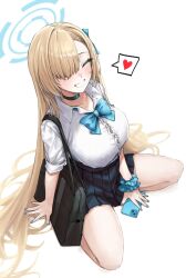  1girl arm_support asuna_(blue_archive) bag bag_(chrko_bag) black_choker black_skirt blonde_hair blue_archive blue_bow blue_bowtie blue_halo blue_nails blue_ribbon blue_scrunchie bow bowtie breasts cellphone choker closed_eyes collared_shirt commentary_request dress_shirt fingernails grin hair_over_one_eye hair_ribbon halo heart highres korean_commentary large_breasts light_blush long_bangs long_fingernails long_hair nail_polish one_eye_covered phone pleated_skirt ribbon school_bag school_uniform scrunchie seiza shirt shirt_tucked_in simple_background sitting skirt sleeves_rolled_up smartphone smile solo spoken_heart very_long_hair white_background white_shirt wrist_scrunchie 