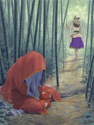  2girls bamboo bamboo_forest bamboo_forest_of_the_lost between_legs blonde_hair bracelet cloak commentary_request day earmuffs facing_away forest fujiwara_no_mokou full_body gold_trim hand_between_legs hand_up head_down highres indian_style jewelry long_hair long_sleeves medium_hair multiple_girls nature ofuda ofuda_on_clothes outdoors pants pointy_hair purple_skirt red_cloak red_pants sash shinburu shirt silver_hair sitting skirt sleeveless sleeveless_shirt touhou toyosatomimi_no_miko v_arms very_long_hair walking white_shirt 