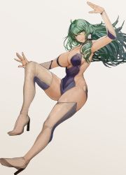  1girl birdy_cephon_altera birdy_cephon_altera_(cosplay) black_leotard boots breasts cleavage commission cosplay detached_sleeves full_body green_hair grey_background hair_ornament hair_tubes highres kochiya_sanae large_breasts leotard long_hair simple_background snake_hair_ornament solo tetsuwan_birdy tetsuwan_birdy_decode thigh_boots tomatolover16 touhou 