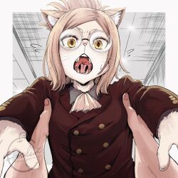  1girl 2024 bad_tag blush breasts emaliot furry furry_female glasses holding_person open_mouth small_breasts teeth tongue whiskers yellow_eyes 