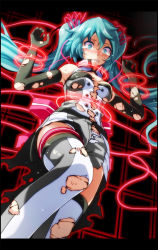 1girl aqua_eyes aqua_hair armpits arms_up bare_shoulders bdsm black_gloves blush bondage border bound bound_arms breasts breasts_apart burnt_clothes clenched_teeth elbow_gloves from_below gloves grey_shorts hair_ribbon hatsune_miku high_collar highres knee_up laser long_hair looking_down medium_breasts nijigen_dream_fever_(vocaloid) nose_blush pink_ribbon project_diva_(series) restrained ribbon scared shirt shorts sleeveless sleeveless_shirt solo sweat teeth thigh_strap thighhighs torn_clothes torn_gloves torn_shirt torn_shorts torn_thighhighs tsukishiro_saika very_long_hair vocaloid w_arms white_thighhighs wide-eyed rating:Sensitive score:26 user:danbooru