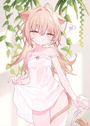  1girl :&lt; ahoge animal_ears bare_arms bare_shoulders blush brown_hair closed_mouth commentary_request cowboy_shot crossed_bangs dress fingernails flat_chest frilled_dress frills hair_between_eyes highres holding holding_shower_head indie_virtual_youtuber leaf legs_together lion_ears lion_girl lion_tail long_hair looking_at_viewer mizumizu_(phoenix) nail_polish no_pupils pink_nails plant rurudo_lion rurudo_lion_(1st_costume) shower_head skirt_hold sleeveless sleeveless_dress solo squiggle standing strap_slip sundress tail tail_around_own_leg thigh_gap vines virtual_youtuber water wet wet_clothes wet_dress white_dress yellow_eyes 