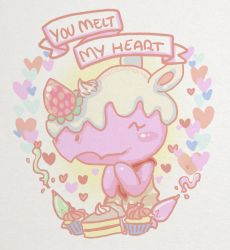  1girl animal_crossing cake cupcake english_text closed_eyes food grey_background heart merengue_(animal_crossing) nintendo own_hands_clasped pastel_colors pastry poyochan simple_background smile valentine_card 