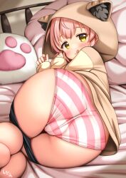  1girl :q animal_ears animal_hood ass bad_tag blush cedar_(cedar_japonica) fake_animal_ears hood hoodie looking_at_viewer lying on_side panties pillow pink_hair solo striped tagme tongue tongue_out underwear yellow_eyes 