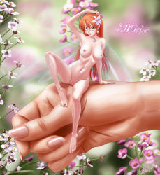  1girl anklet barefoot breasts earrings exile fairy flower freckles glasses green_eyes highres jewelry large_breasts long_hair mini_person minigirl monster_girl navel navel_piercing necklace nipple_piercing nipples nude orange_hair piercing red_hair uncensored wings  rating:Explicit score:113 user:kimaster