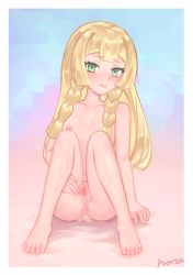  1girl absurdres anus bad_id bad_twitter_id barefoot blonde_hair blush border braid breasts closed_mouth commentary creatures_(company) cum cum_in_pussy cumdrip eyelashes full_body game_freak green_eyes highres lillie_(pokemon) loli long_hair looking_at_viewer nintendo nipples norza nude pokemon pokemon_sm pussy shiny_skin signature sitting solo spread_pussy sweat symbol-only_commentary toes twin_braids white_border  rating:Explicit score:329 user:danbooru