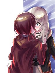  2girls absurdres anyacrypha black_choker black_jacket blue_eyes blush brown_hair choker commentary girls_band_cry grey_hair grey_hoodie highres hood hood_down hooded_jacket hoodie iseri_nina jacket jewelry kawaragi_momoka kiss long_hair long_sleeves low_twintails multiple_girls necklace open_clothes open_jacket red_jacket short_hair short_twintails signature twintails yuri 