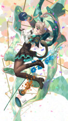  1girl animal_ears artist_name black_dress black_footwear black_gloves black_pantyhose boots bow cat_ears cat_girl cat_tail confetti cup dress facial_mark flower genshin_impact gloves green_bow grey_hair hair_bow hat hebbtia highres large_bow long_hair long_sleeves lynette_(genshin_impact) multicolored_hair pantyhose ponytail purple_eyes ribbon signature solo solo_focus star_(symbol) streaked_hair tail teacup top_hat two-tone_gloves 