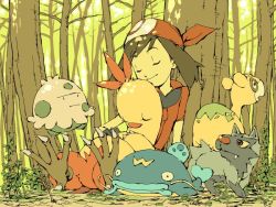 00s 1girl brown_hair closed_eyes combusken creatures_(company) forest game_freak gen_3_pokemon may_(pokemon) mochihada nature nintendo numel outdoors pokemon pokemon_(creature) pokemon_rse poochyena shroomish sleeping tree whiscash