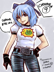 circled_9 1girl belt belt_buckle blue_eyes blue_hair buckle casual cirno contemporary cosplay crossover denim english_text fusion gloves jeans matching_hair/eyes pants pun sam_stone sam_stone_(cosplay) serious_sam shirt solo t-shirt touhou rating:Sensitive score:19 user:danbooru