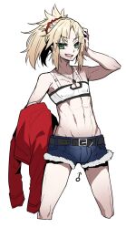  1boy abs adonis_belt androgynous arm_up arrow_(symbol) bandeau belt belt_buckle black_belt blonde_hair blue_shorts buckle bulge covered_erect_nipples cowboy_shot cutoffs denim denim_shorts fate/apocrypha fate_(series) genderswap genderswap_(ftm) green_eyes hair_ornament hair_scrunchie hand_on_own_head hand_up haoro highres hip_bones holding holding_clothes holding_jacket jacket jewelry linea_alba looking_at_viewer male_focus mars_symbol medium_hair micro_shorts mordred_(fate) mordred_(fate/apocrypha) mordred_(memories_at_trifas)_(fate) navel necklace open_mouth parted_bangs pendant ponytail red_jacket red_scrunchie scrunchie short_shorts shorts sidelocks simple_background smile solo standing strapless teeth toned toned_male trap tube_top unworn_jacket upper_teeth_only white_background white_bandeau 