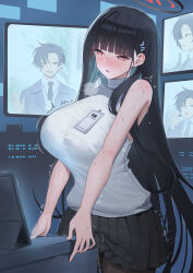  1boy 1girl bare_arms bare_shoulders black_hair black_skirt blue_archive blue_archive_the_animation blush breasts breath bright_pupils collared_shirt commentary_request crotch_rub hair_ornament halo highres large_breasts long_hair masturbation necktie pantyhose pleated_skirt red_eyes rio_(blue_archive) sensei_(blue_archive) sensei_(blue_archive_the_animation) shirt shougun_(chuckni1) skirt sleeveless solo_focus sweat table_humping tablet_pc turtleneck white_pupils 