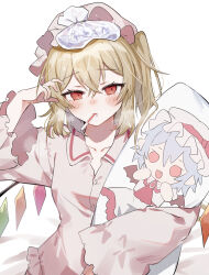  1girl alternate_costume ascot bed_sheet blonde_hair blue_hair blush chibi collared_shirt commentary crystal dakimakura_(object) dress flandre_scarlet hand_up hat highres ice_pack liquid-in-glass_thermometer multicolored_wings pajamas pillow pink_hat pink_shirt red_ascot red_eyes remilia_scarlet shirt short_hair sick side_ponytail simple_background sorani_(kaeru0768) thermometer touhou white_background white_dress white_hat wings 