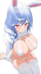 1girl animal_ears bikini blue_hair braid breasts byeon_dha cleavage from_above hololive large_breasts mature_female multicolored_hair pekomama rabbit_ears rabbit_girl red_eyes side-tie_bikini_bottom side_braid sitting skindentation solo sweater swimsuit thighhighs virtual_youtuber white_background white_bikini white_hair white_thighhighs  rating:Questionable score:34 user:Odrum2