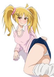  1girl absurdres ahoge blonde_hair blue_skirt blush bocchi_the_rock! closed_mouth clothes_lift collared_shirt commentary dot_nose embarrassed english_commentary feet_out_of_frame gyaru hair_ornament hair_scrunchie hairclip highres ijichi_seika long_hair looking_at_viewer loose_socks lying nail_polish on_side panties pink_nails pink_sweater red_eyes scrunchie shirt simple_background skirt socks solo sweater thundradrawings twintails underwear v-shaped_eyebrows wavy_mouth white_background white_panties white_shirt white_socks 