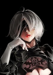  1girl black_background black_blindfold black_dress blindfold box cleavage_cutout clothing_cutout crying cube dress feathers gloves highres holding juliet_sleeves kalalasan long_sleeves mole mole_under_mouth nier_(series) nier:automata puffy_sleeves red_lips short_hair tears teeth upper_teeth_only white_gloves 2b_(nier:automata)  rating:Sensitive score:12 user:06710ken