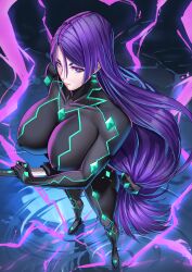  1girl absurdres ass black_bodysuit bodysuit breasts commission cosplay covered_erect_nipples electricity fate/grand_order fate/samurai_remnant fate_(series) highres huge_breasts katana large_breasts long_hair looking_at_viewer massive_kagawa minamoto_no_raikou_(fate) neon_trim parted_bangs pixiv_commission purple_eyes purple_hair solo sword tagme thighs ushi_gozen_(fate) ushi_gozen_(fate)_(cosplay) very_long_hair weapon 